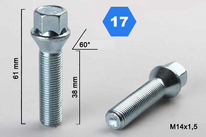 M14x1,5, Verlengde wielbout conisch, Draadlengte 38mm, SW 17